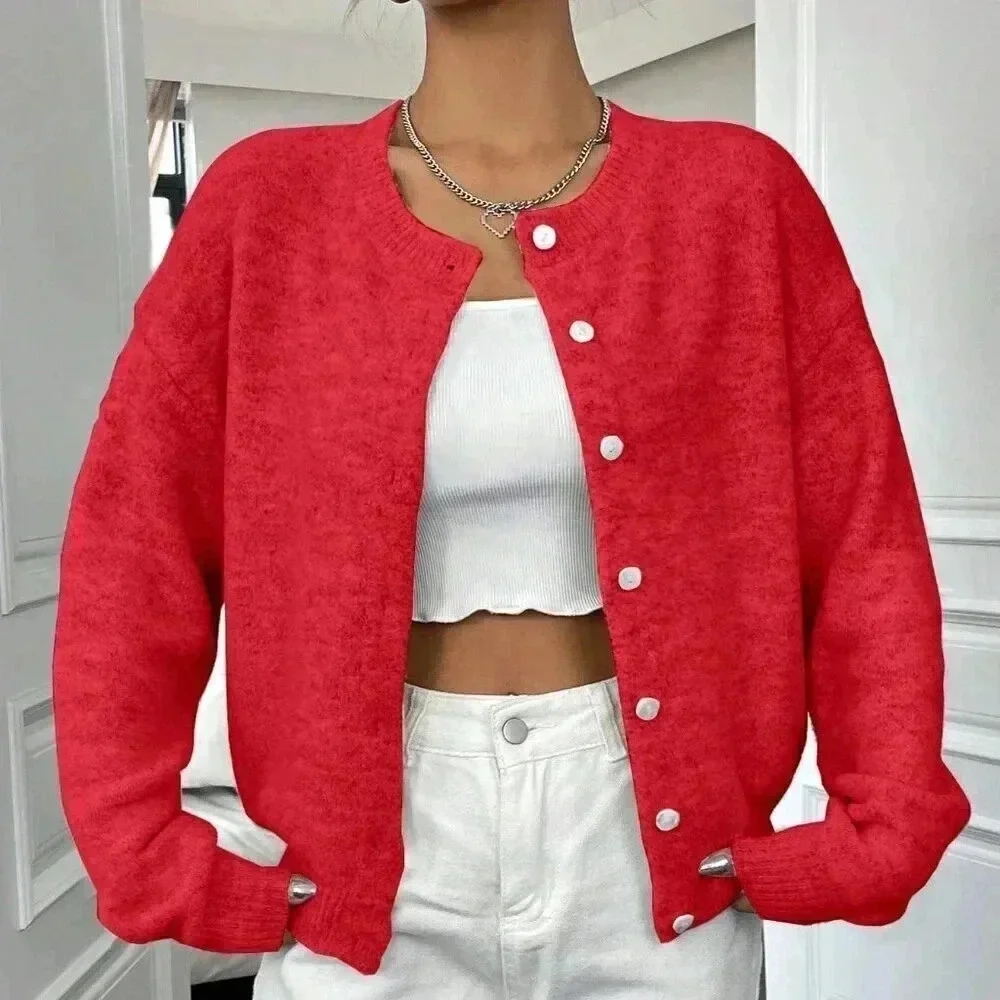 Red Casual Women's Loose Cardigan - Picture 4 of 8